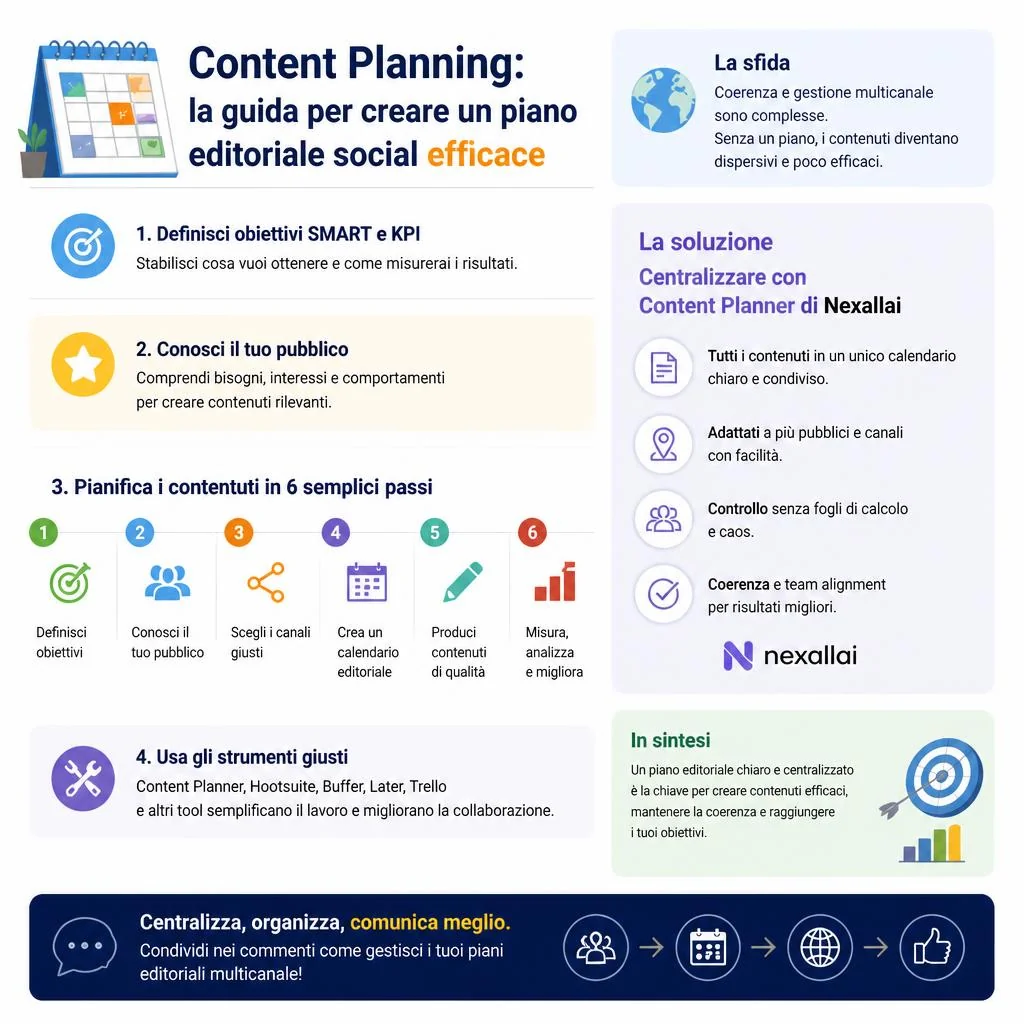 Social media strategist che organizza un calendario editoriale multicanale su una dashboard di content planning