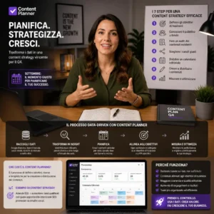 Content strategist che analizza un piano editoriale data-driven con grafici di performance e calendario contenuti sullo schermo